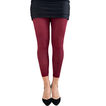 Burgundy opaque footless tights styled for casual outfits, dresses, and seasonal fashion looks