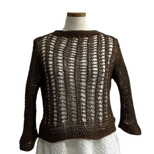 Brown open-knit sweater with vertical lacework by Chiara Toffanin, made in Italy