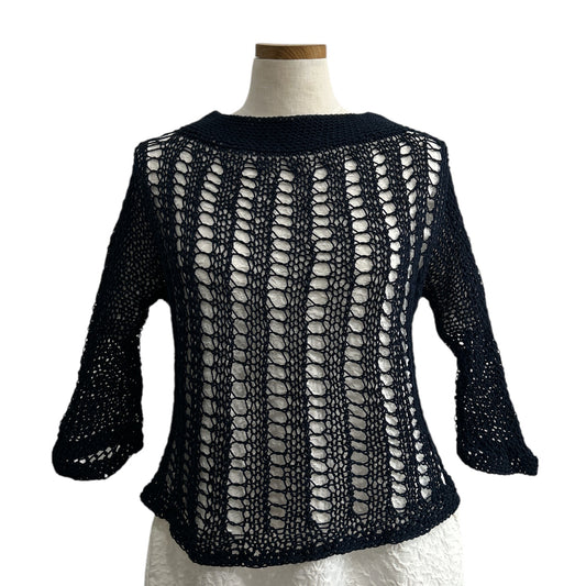 Navy open-knit sweater with vertical stripes by Chiara Toffanin, made in Italy