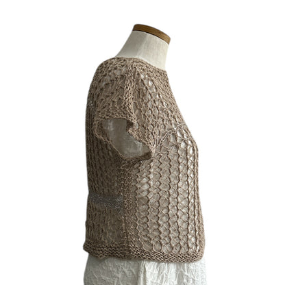 Handmade sand crochet knit top by Chiara Toffanin, made in Italy and available at Aqualta 2