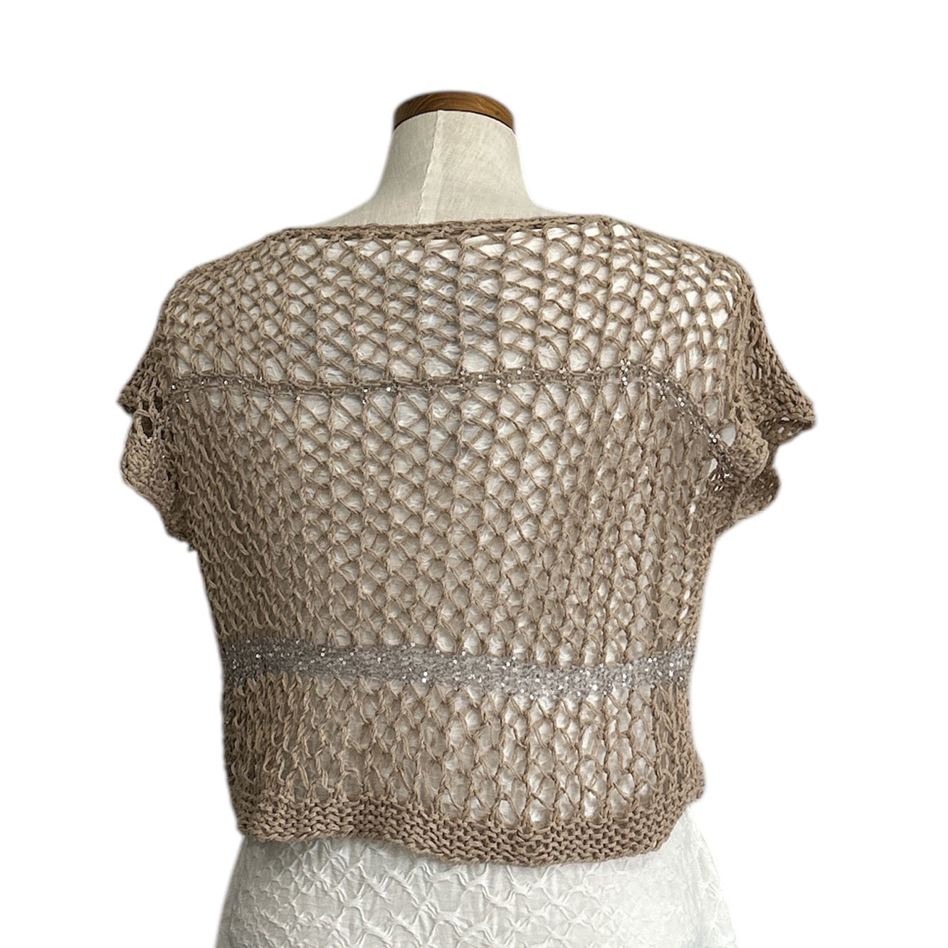Handmade sand crochet knit top by Chiara Toffanin, made in Italy and available at Aqualta 3