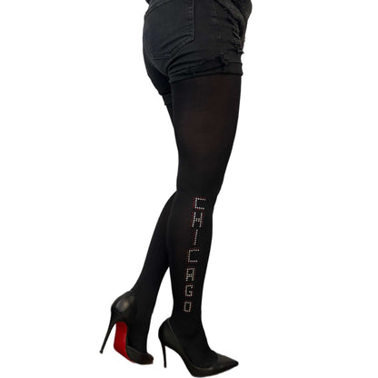 These Malka Chic black opaque tights feature a striking Chicago-inspired rhinestone pattern running along the side of the leg 2