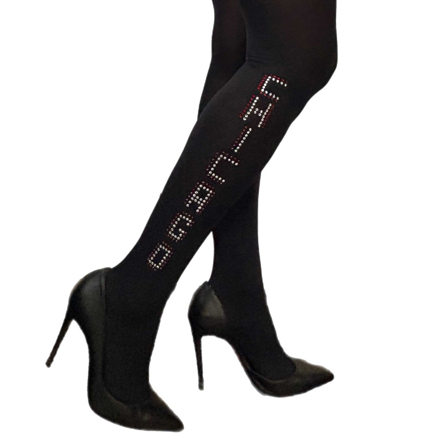 These Malka Chic black opaque tights feature a striking Chicago-inspired rhinestone pattern running along the side of the leg 3
