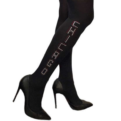 These Malka Chic black opaque tights feature a striking Chicago-inspired rhinestone pattern running along the side of the leg 3