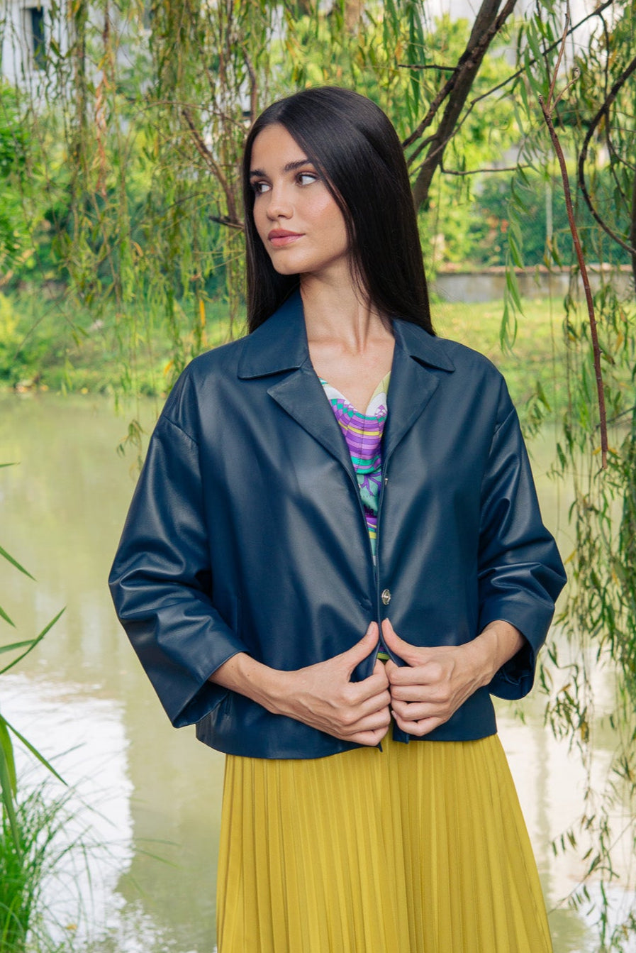 Navy Blue Classic Leather Jacket For Women Made in Italy At Aqualta 
