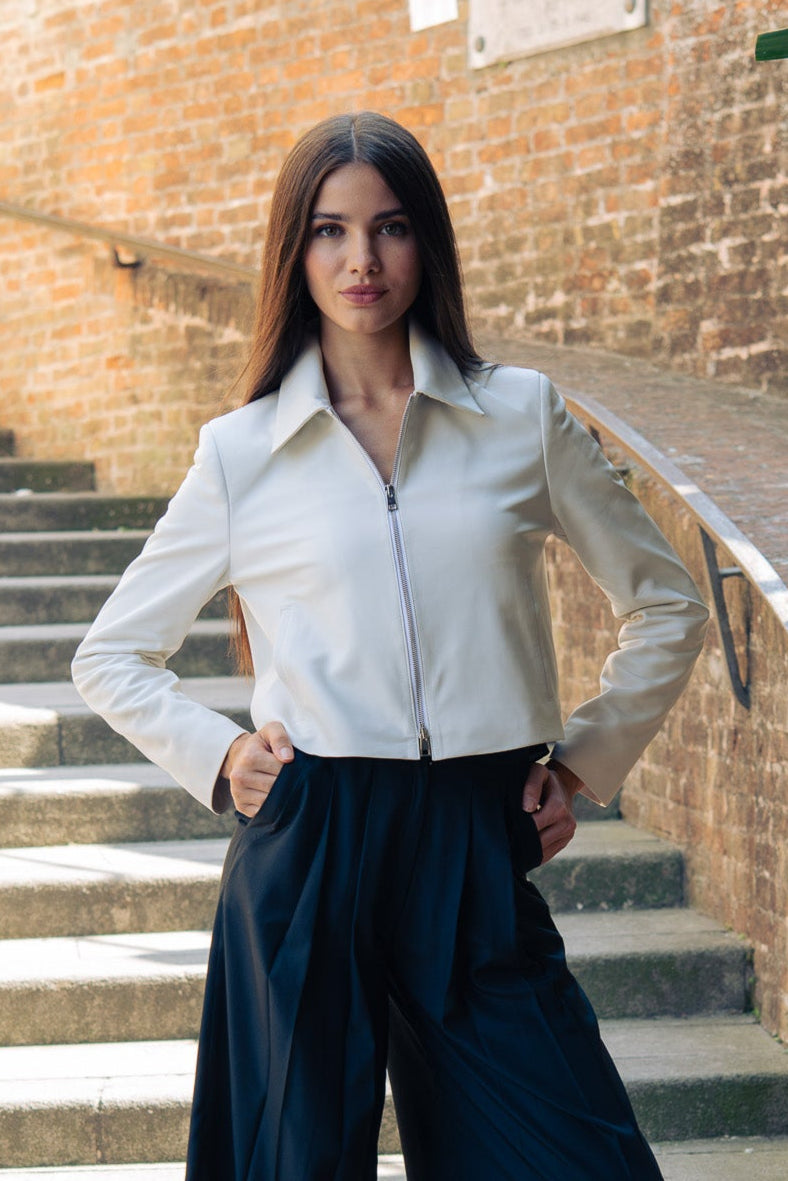 Milk White Crop Leather Jacket with zipper For Women At Aqualta