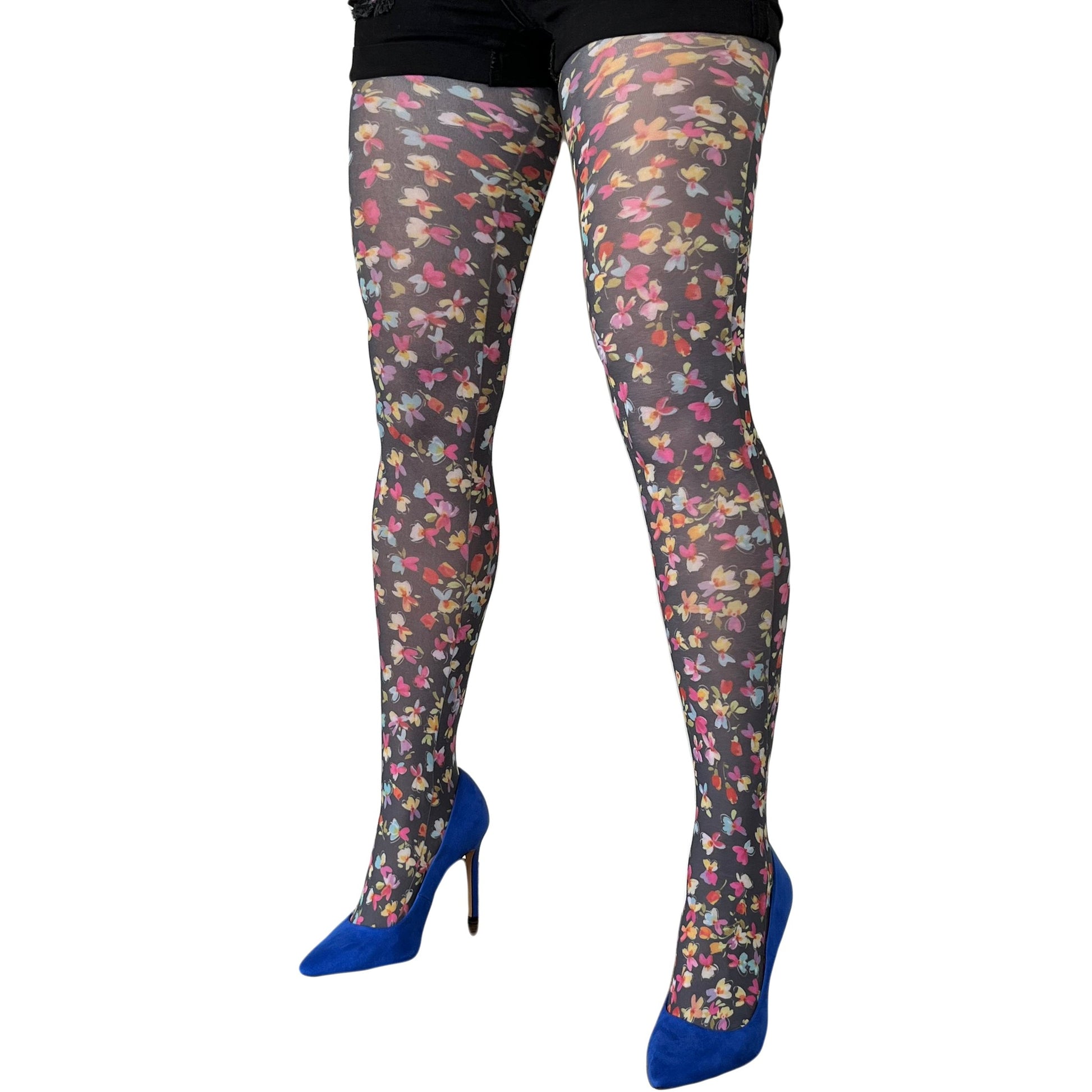 Our black and Multicolore Small Flower Printed patterned tights Malka Chic sold at Aqualta