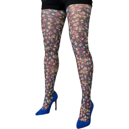 Our black and Multicolore Small Flower Printed patterned tights Malka Chic sold at Aqualta