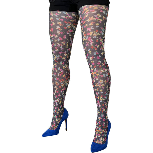Our black and Multicolore Small Flower Printed patterned tights Malka Chic sold at Aqualta
