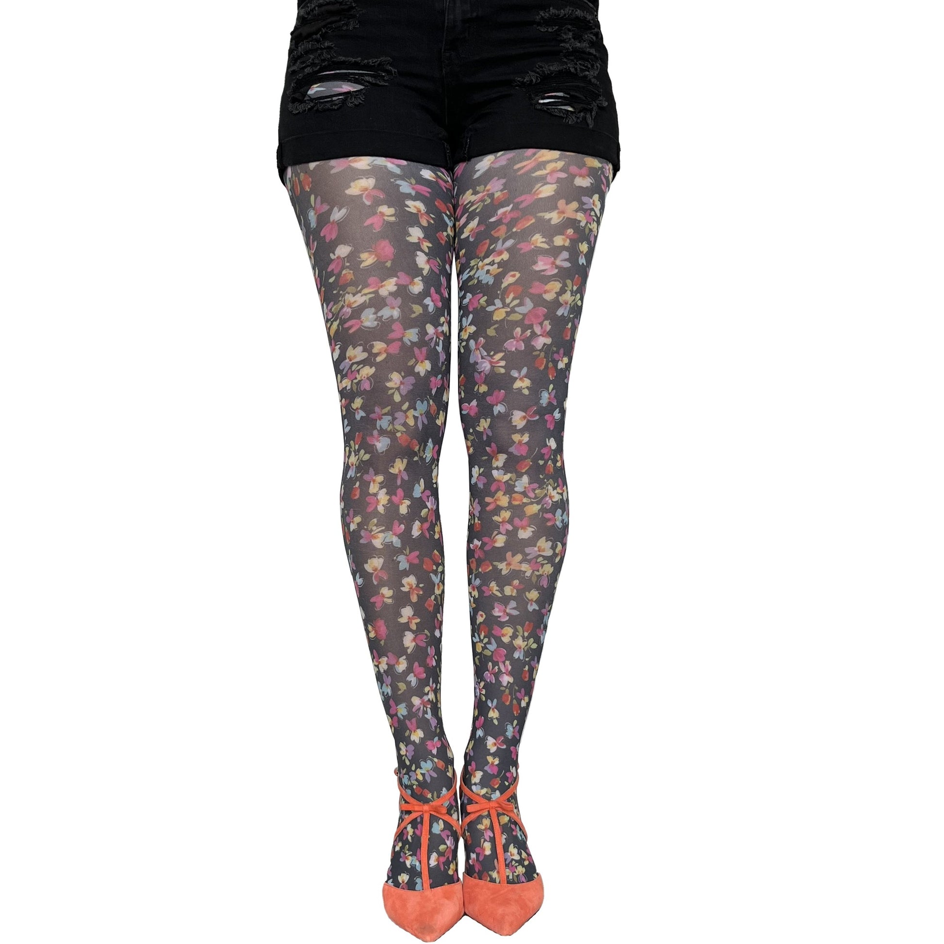 Our black and Multicolore Small Flower Printed patterned tights Malka Chic sold at Aqualta 2