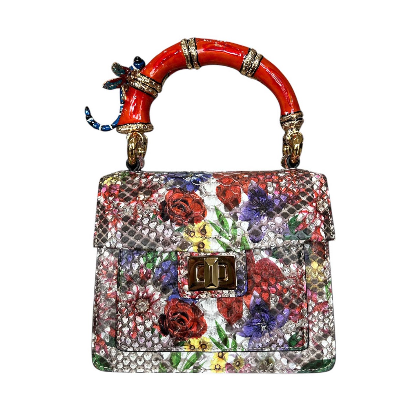 One-of-a-kind floral Dragon Fly handle bag by Biagini, luxury Italian craftsmanship