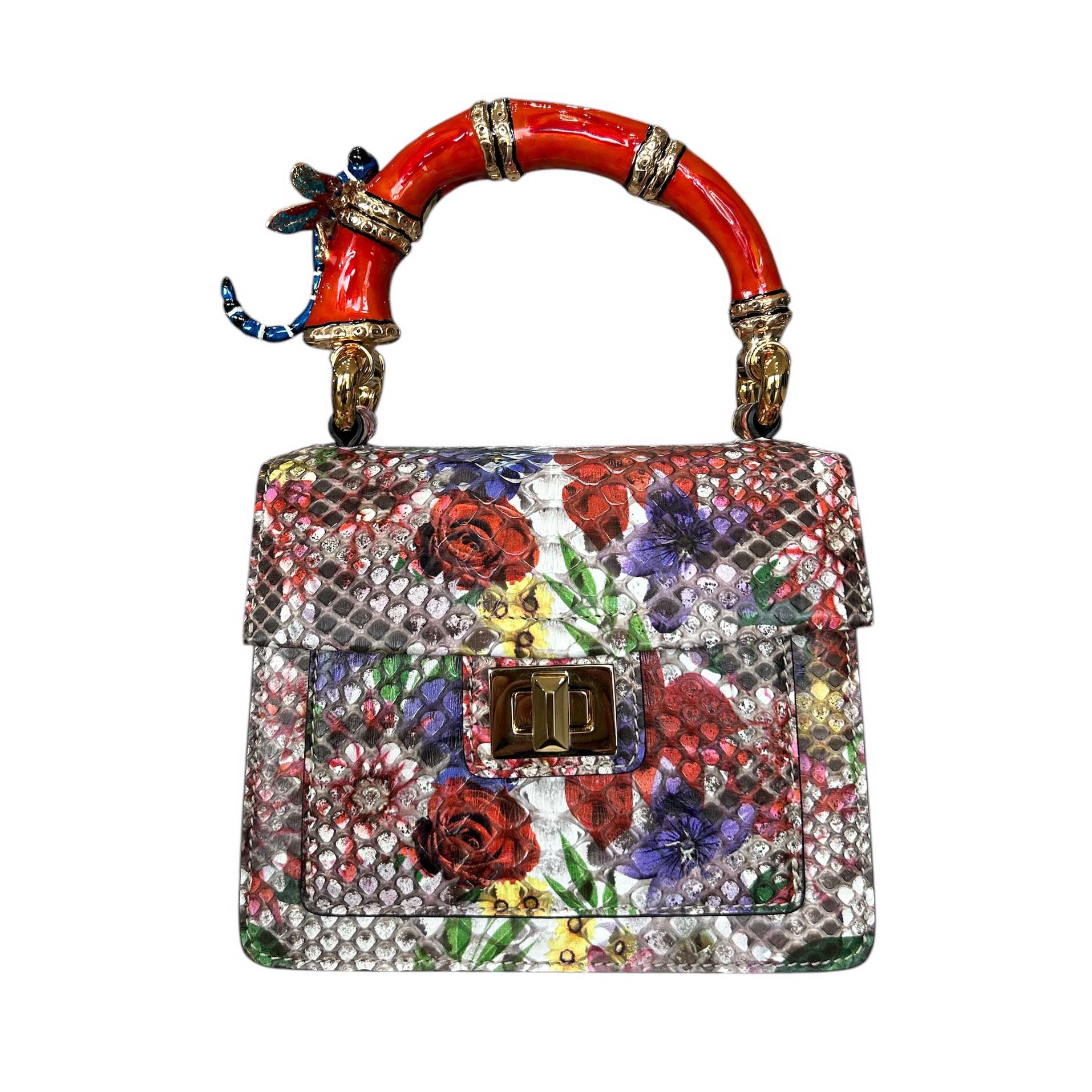 One-of-a-kind floral Dragon Fly handle bag by Biagini, luxury Italian craftsmanship
