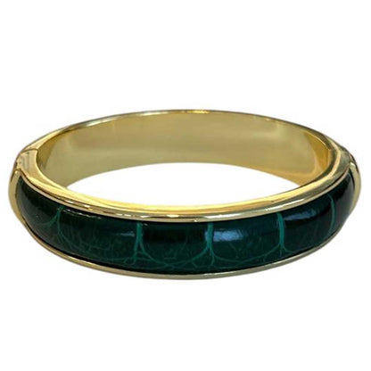 A simple classic forest green leather metal bangle, made with a crocodile over brass Biagini sold at Aqualta