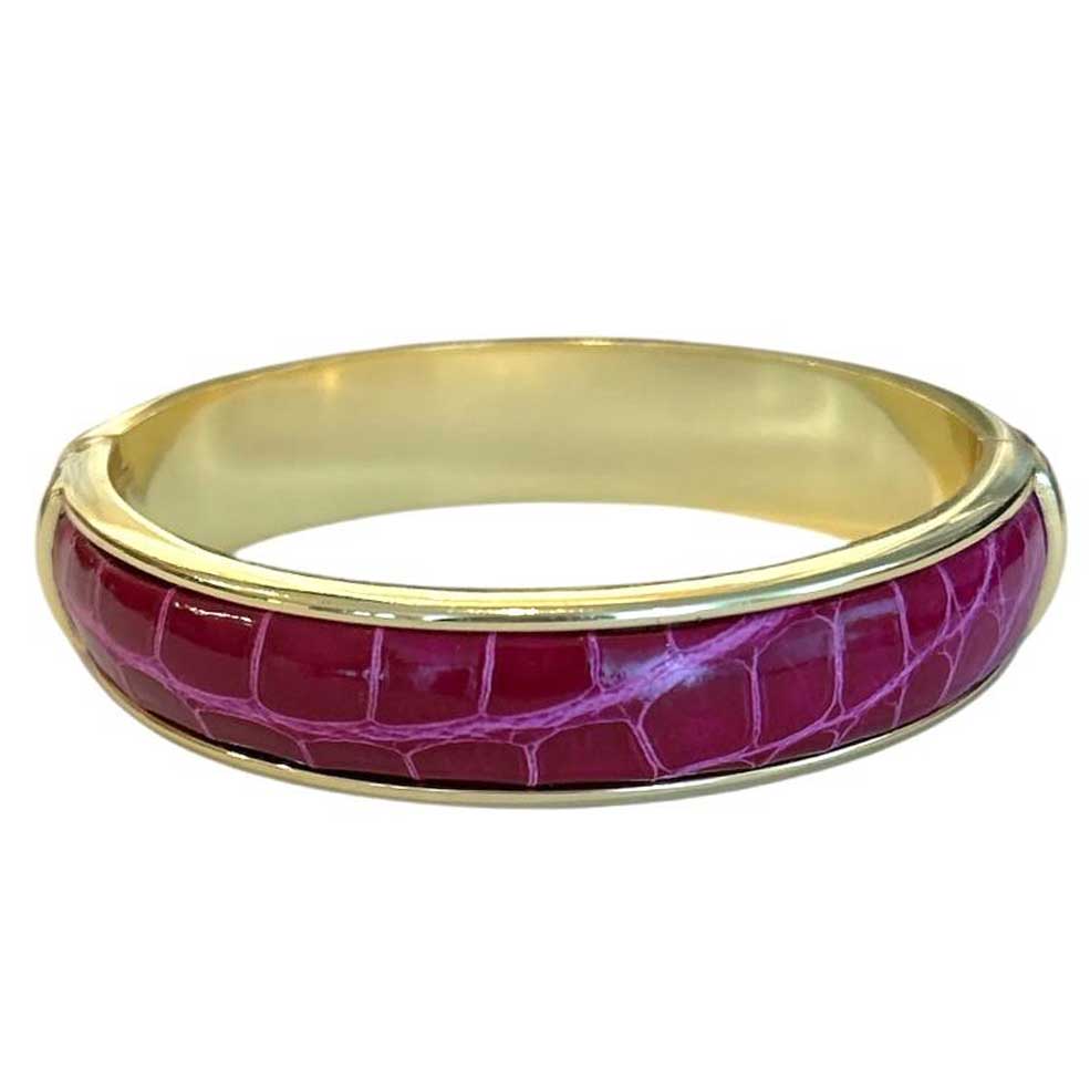 A simple classic Fuchsia Pink leather metal bangle, made with a crocodile over brass Biagini sold at Aqualta