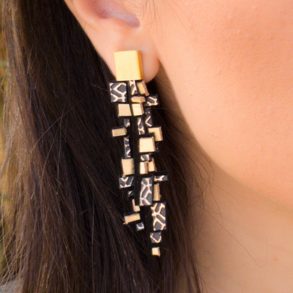 Gaia Gold long leather Earrings Shulli Design sold at Aqualta 2
