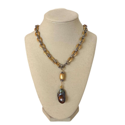 Gold & Silver Chain with Grey Baroque Pearl - AQUALTA