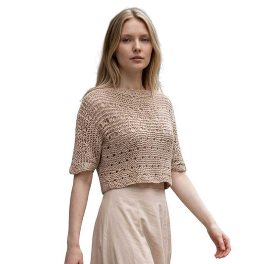 Women wearing a knit Mesh Crop top Short sleeves Almond sold at Aqualta 4