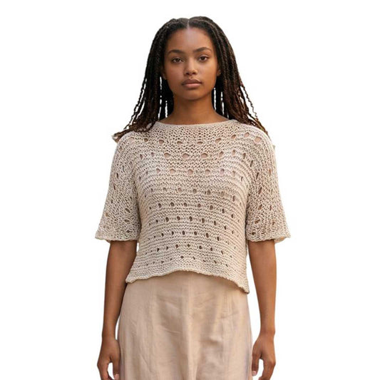 Women wearing a knit Mesh Crop top Short sleeves beige sold at Aqualta 3
