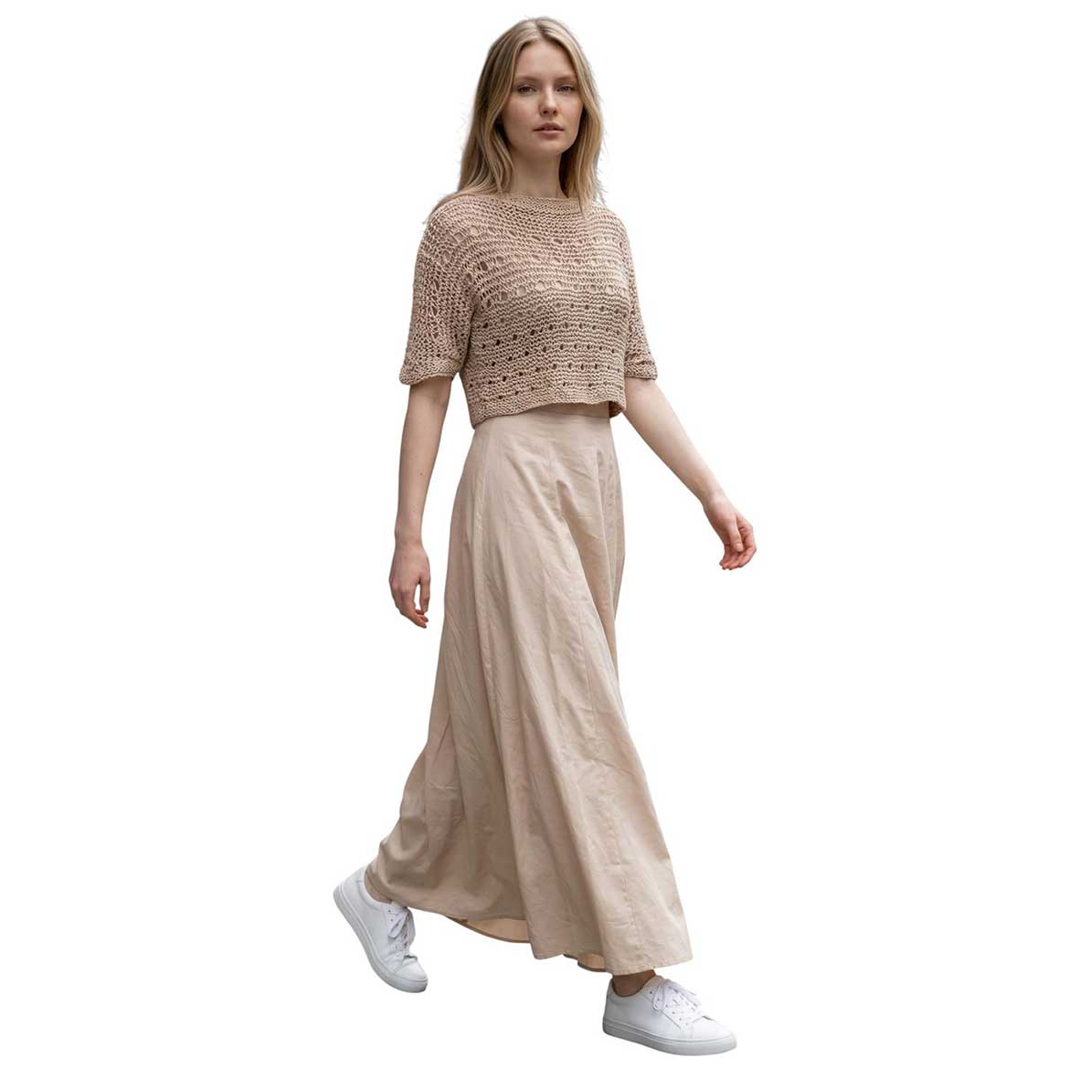 Women wearing a knit Mesh Crop top Short sleeves Almond sold at Aqualta