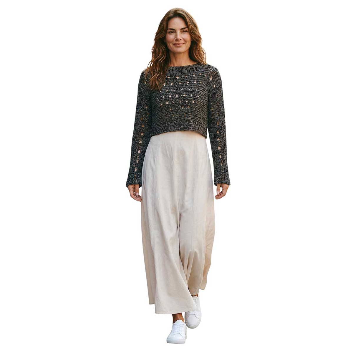 Woman wearing a knit Mesh Crop top long Sleeves Brown Chiara Toffanin sold at Aqualta
