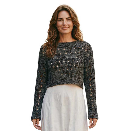 Woman wearing a knit Mesh Crop top long Sleeves Brown Chiara Toffanin sold at Aqualta 2