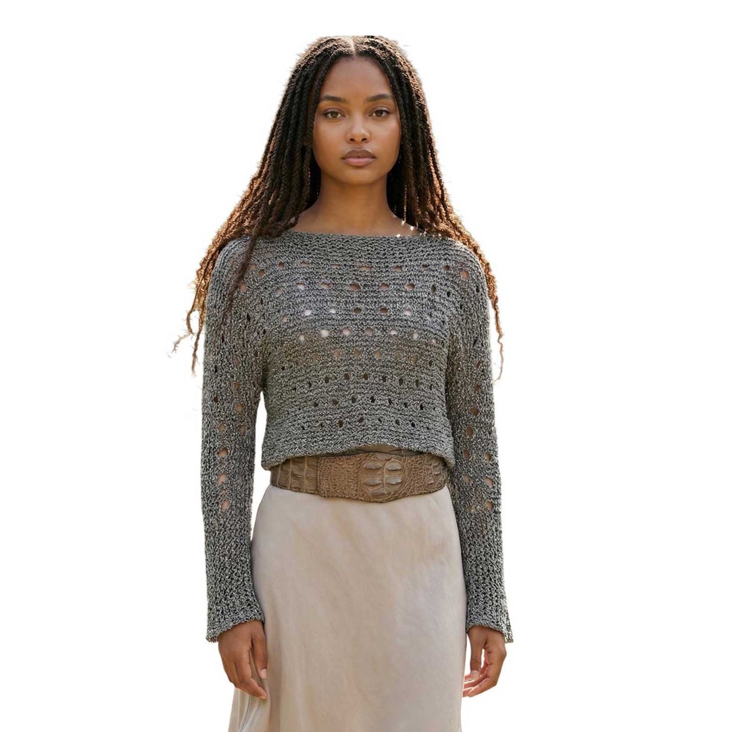 Knit Mesh Sequin Sleeves Top Taupe Chiara Toffanin sold at Aqualta 3