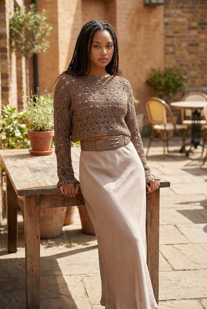 knit Mesh Crop top long Sleeves Butterscotch Chiara Toffanin sold at Aqualta 2