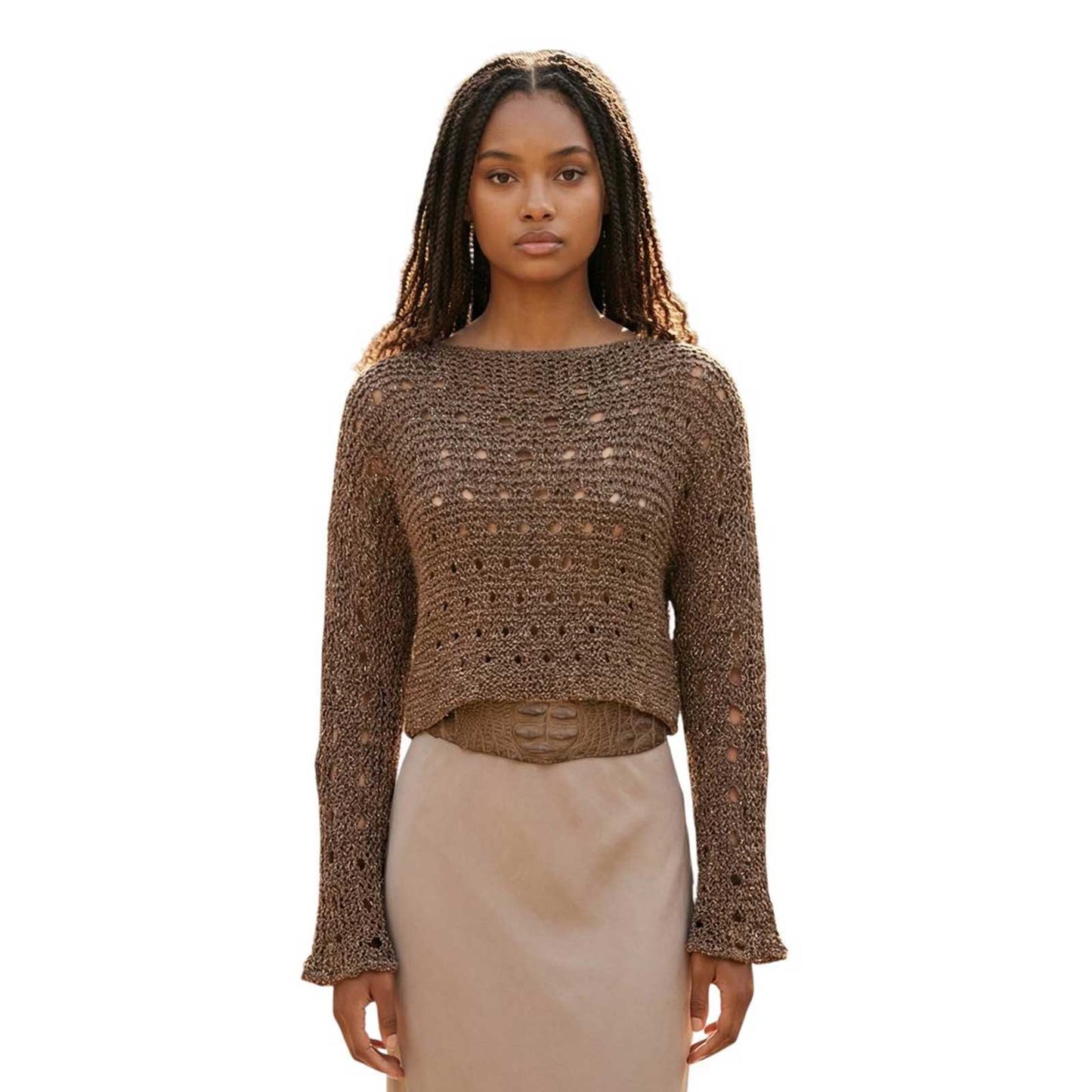 knit Mesh Crop top long Sleeves Butterscotch Chiara Toffanin sold at Aqualta
