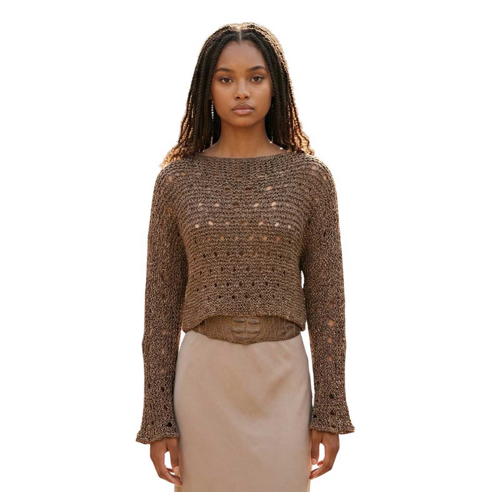 knit Mesh Crop top long Sleeves Butterscotch Chiara Toffanin sold at Aqualta