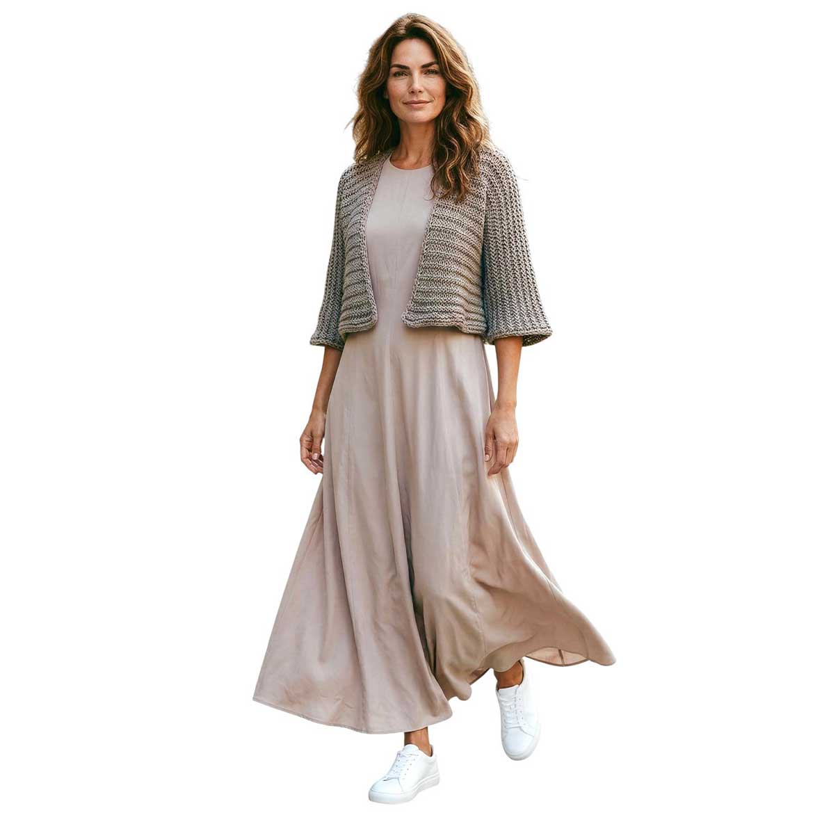 Woman wearing a textured knit Shrug taupe Chiara Toffanin Sold at Aqualta 2