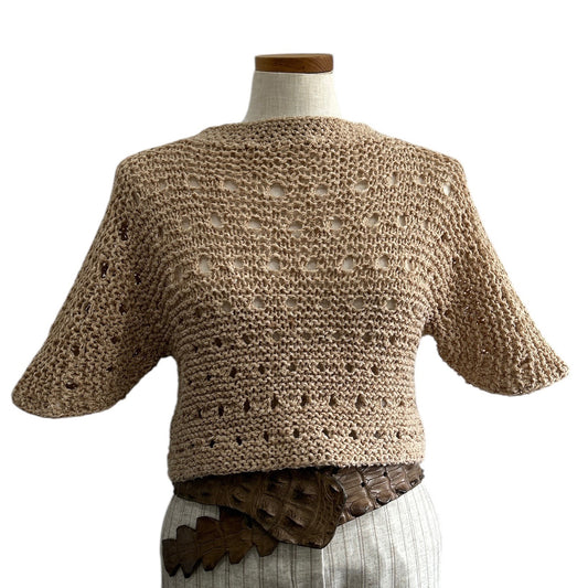 Front view of the almond knit mesh crop top by Chiara Toffanin with short sleeves, sold at Aqualta