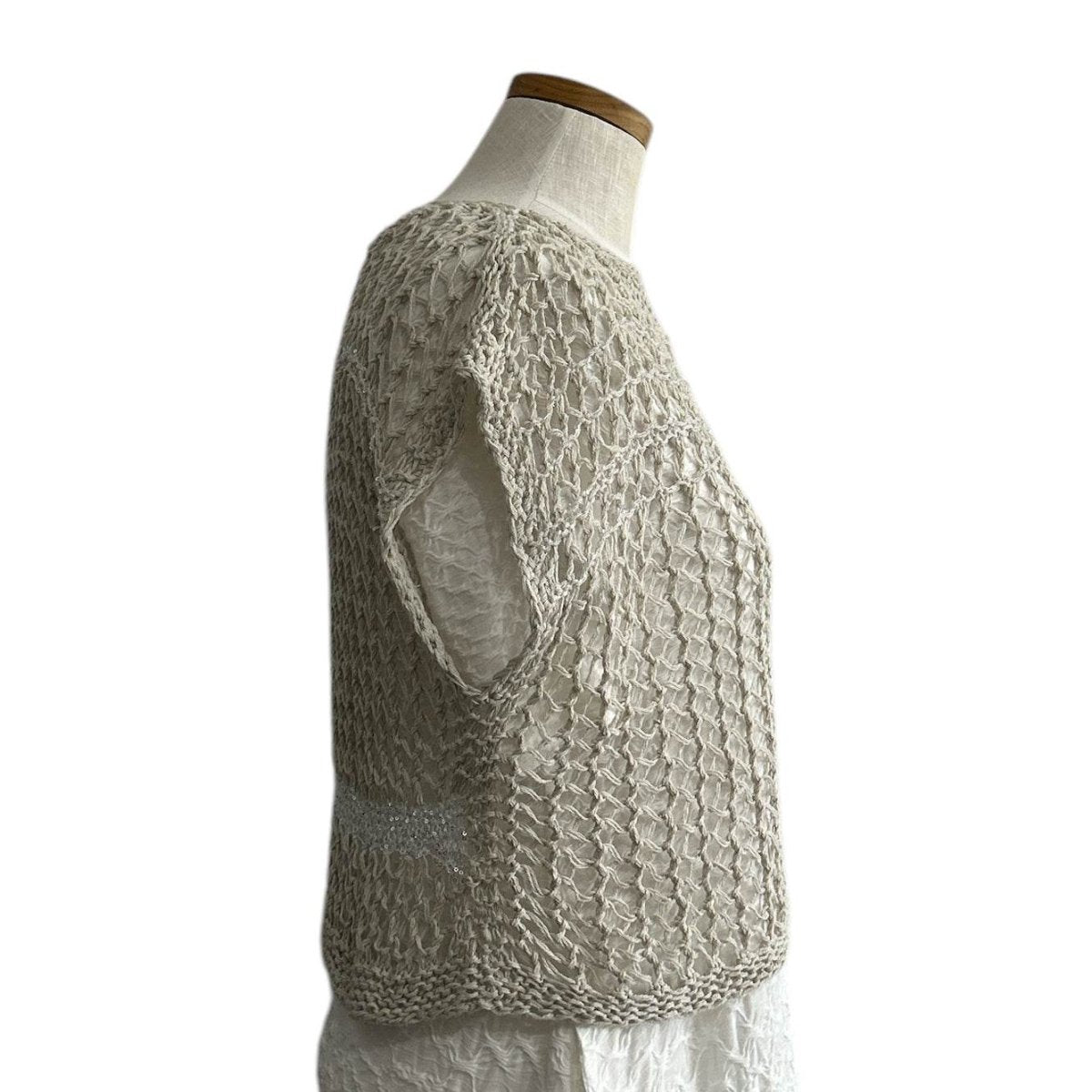 knit Mesh Tank top Short sleeve Beige - AQUALTA