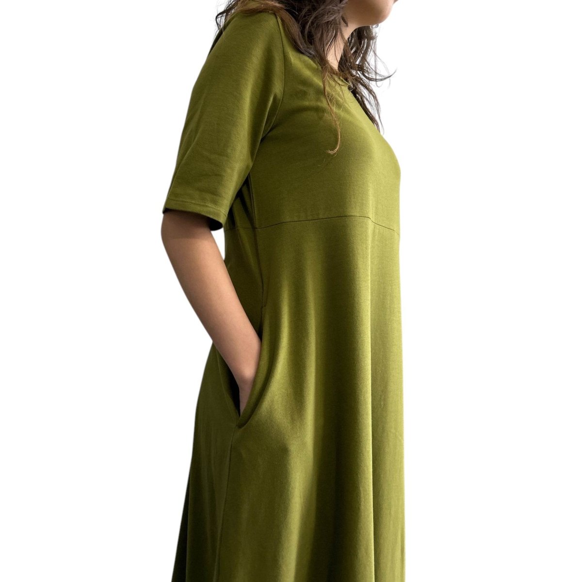 Long Cotton Dress Short Sleeves Army Green - AQUALTA