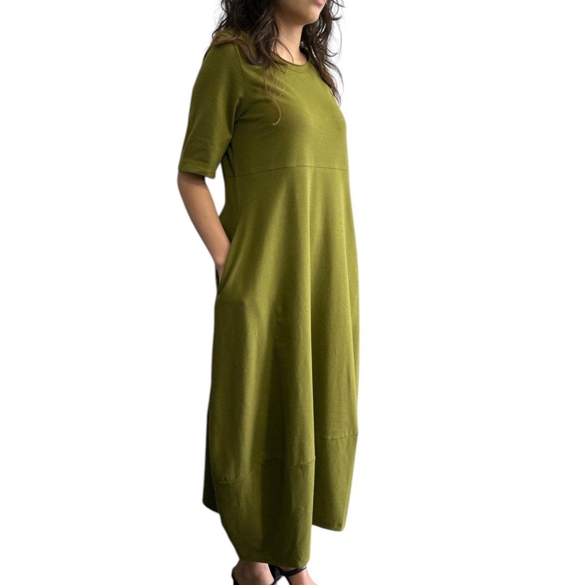 Long Cotton Dress Short Sleeves Army Green - AQUALTA