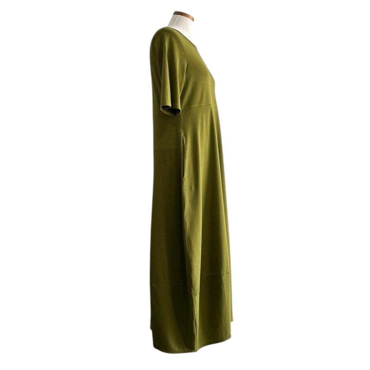 Long Cotton Dress Short Sleeves Army Green - AQUALTA
