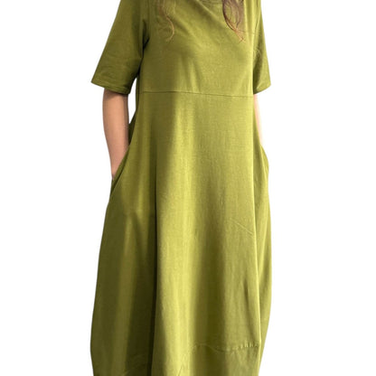 Long Cotton Dress Short Sleeves Army Green - AQUALTA