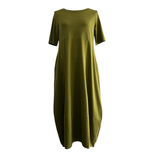Long Cotton Dress Short Sleeves Army Green - AQUALTA