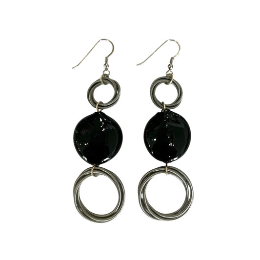 Handmade Murano glass and metal loop dangle earrings, black and silver, available at Aqualta
