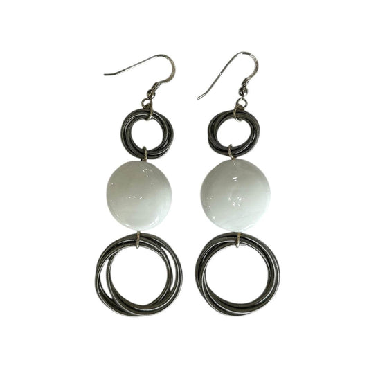 Handmade Murano glass and metal loop dangle earrings, white and silver, sold at Aqualta
