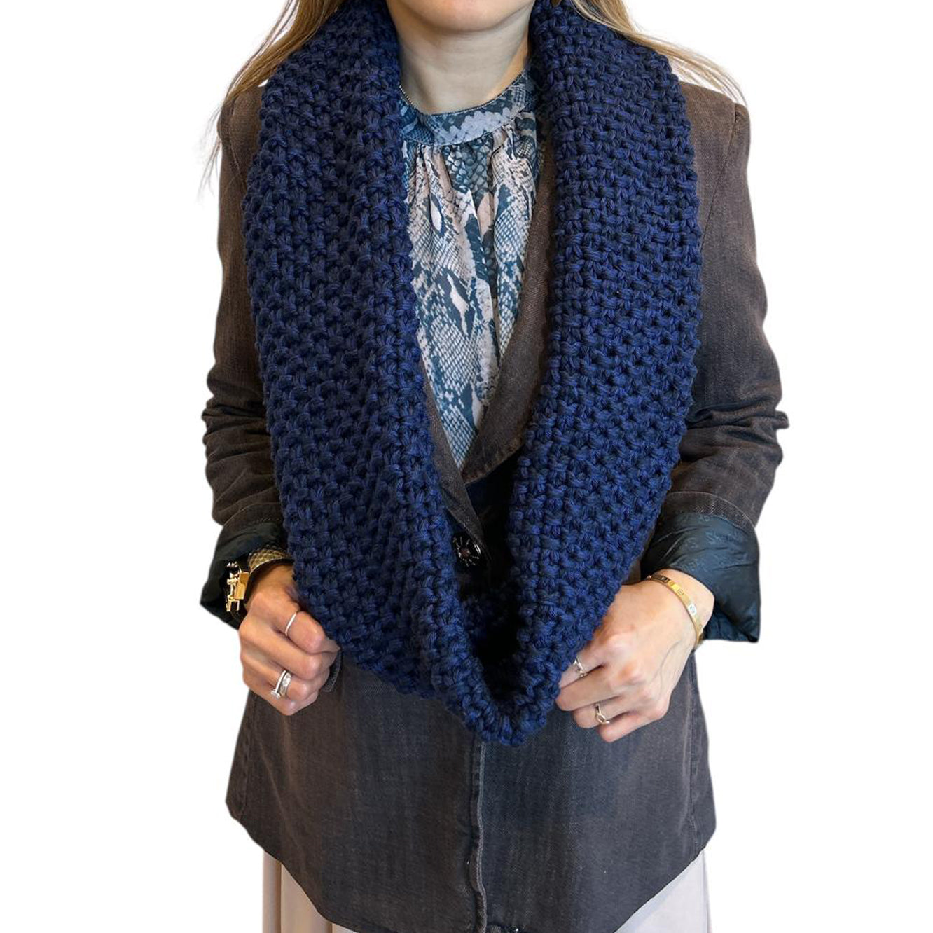 Navy Infinity scarf Balloon knit Solid colors on a jean jacket for women sold at Aqualta