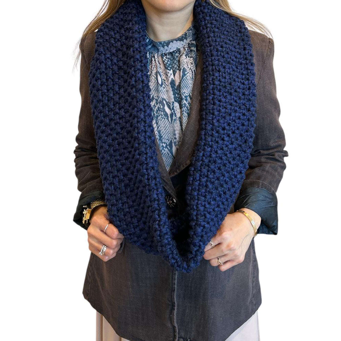 Navy Infinity scarf Balloon knit Solid colors on a jean jacket for women sold at Aqualta
