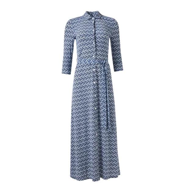 Navy Print long Shirt Dress - AQUALTA