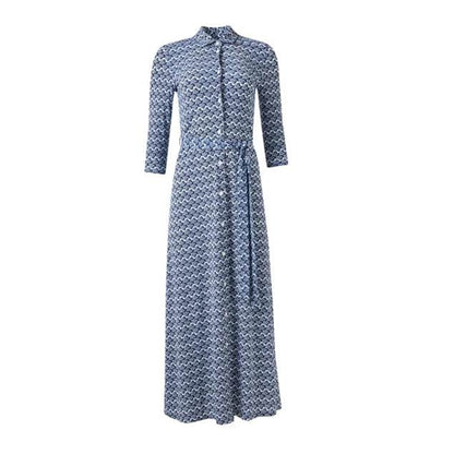 Navy Print long Shirt Dress - AQUALTA