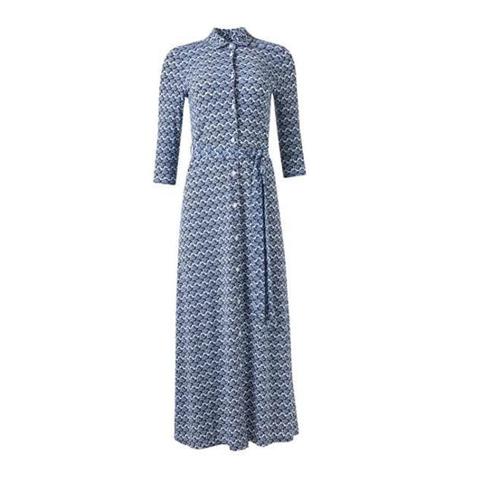 Navy Print long Shirt Dress - AQUALTA