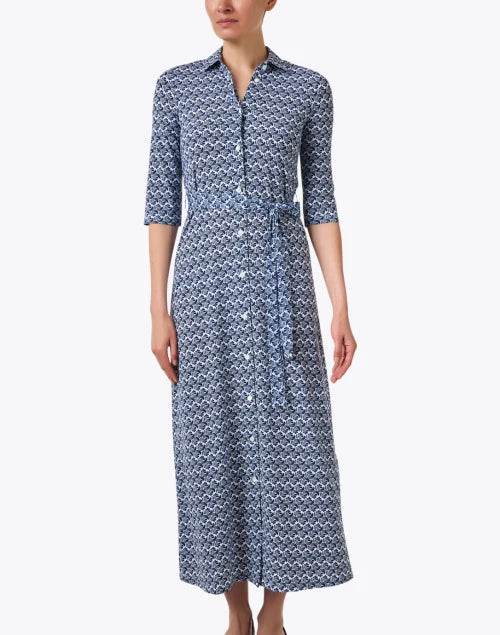 Navy Print long Shirt Dress - AQUALTA