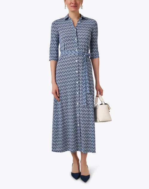 Navy Print long Shirt Dress - AQUALTA