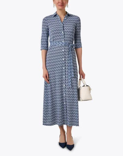 Navy Print long Shirt Dress - AQUALTA