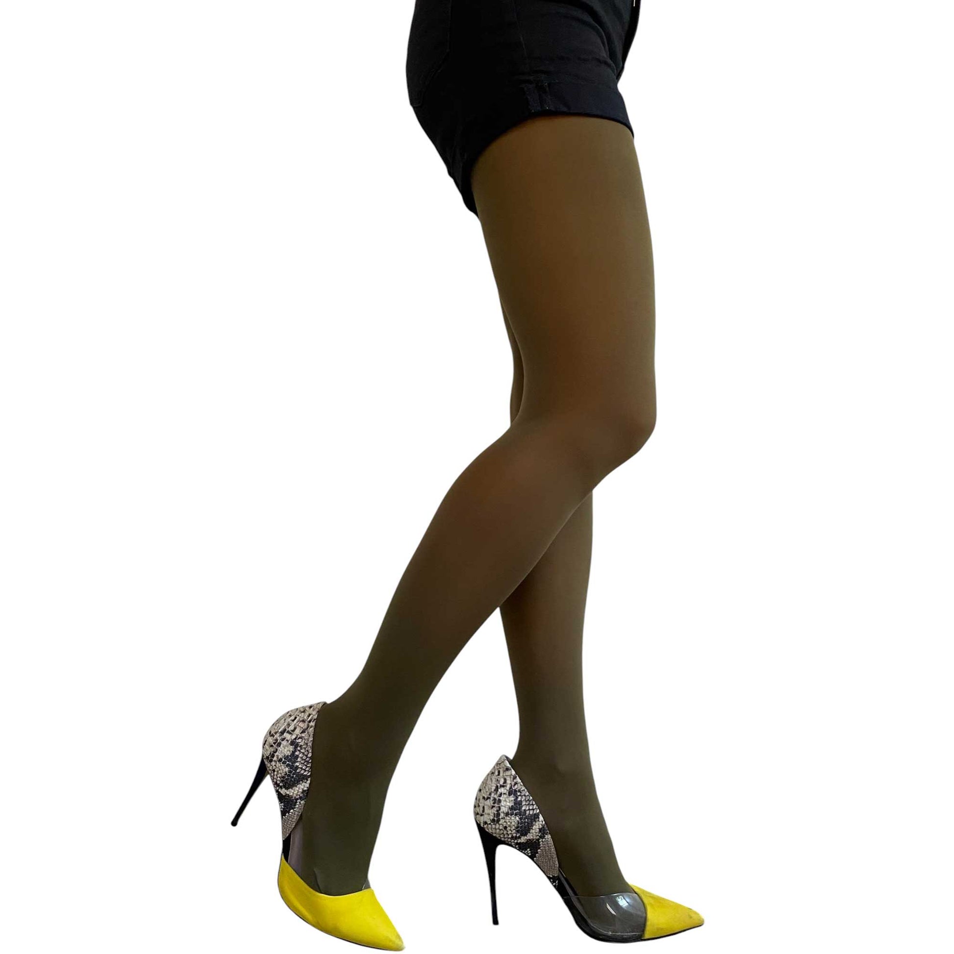 Women wearing olive green opaque tights featuring rich earthy tones and smooth opaque finish
