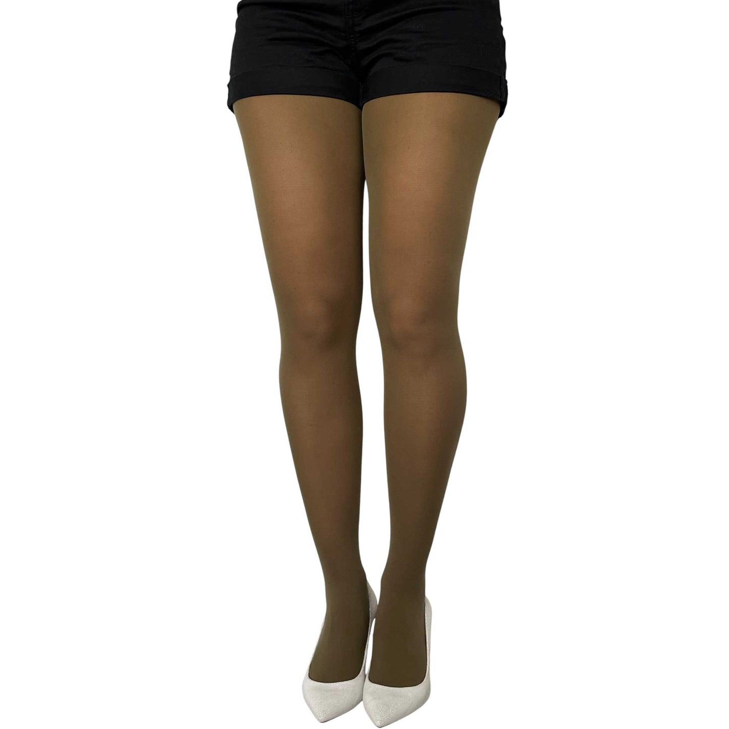 Olive green tights with comfortable stretch fit styled for dresses, skirts, and seasonal outfits