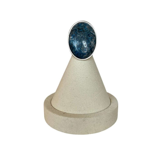Oval Cabochon Turquoise Ripple Jasper on Silver Ring - AQUALTA